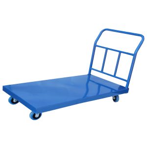 Heavy-duty platform trolley with dual handles and four castor wheels for material handling