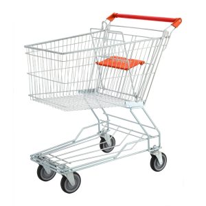 Supermarket shopping trolley with metal frame and four wheels for retail and grocery use