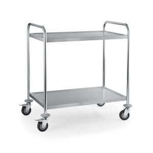 Supermarket shopping trolley with metal frame and four wheels for retail and grocery use