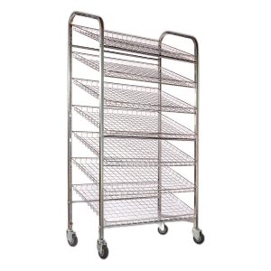 Supermarket shopping trolley with metal frame and four wheels for retail and grocery use