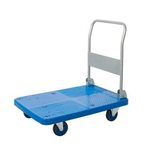 Heavy-duty platform trolley with dual handles and four castor wheels for material handling