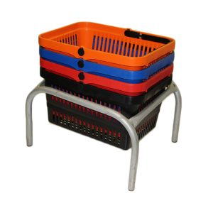 Supermarket shopping trolley with metal frame and four wheels for retail and grocery use