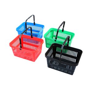 Supermarket shopping trolley with metal frame and four wheels for retail and grocery use